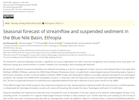 Seasonal forecast of streamflow and suspended sediment in the Blue Nile Basin, Ethiopia